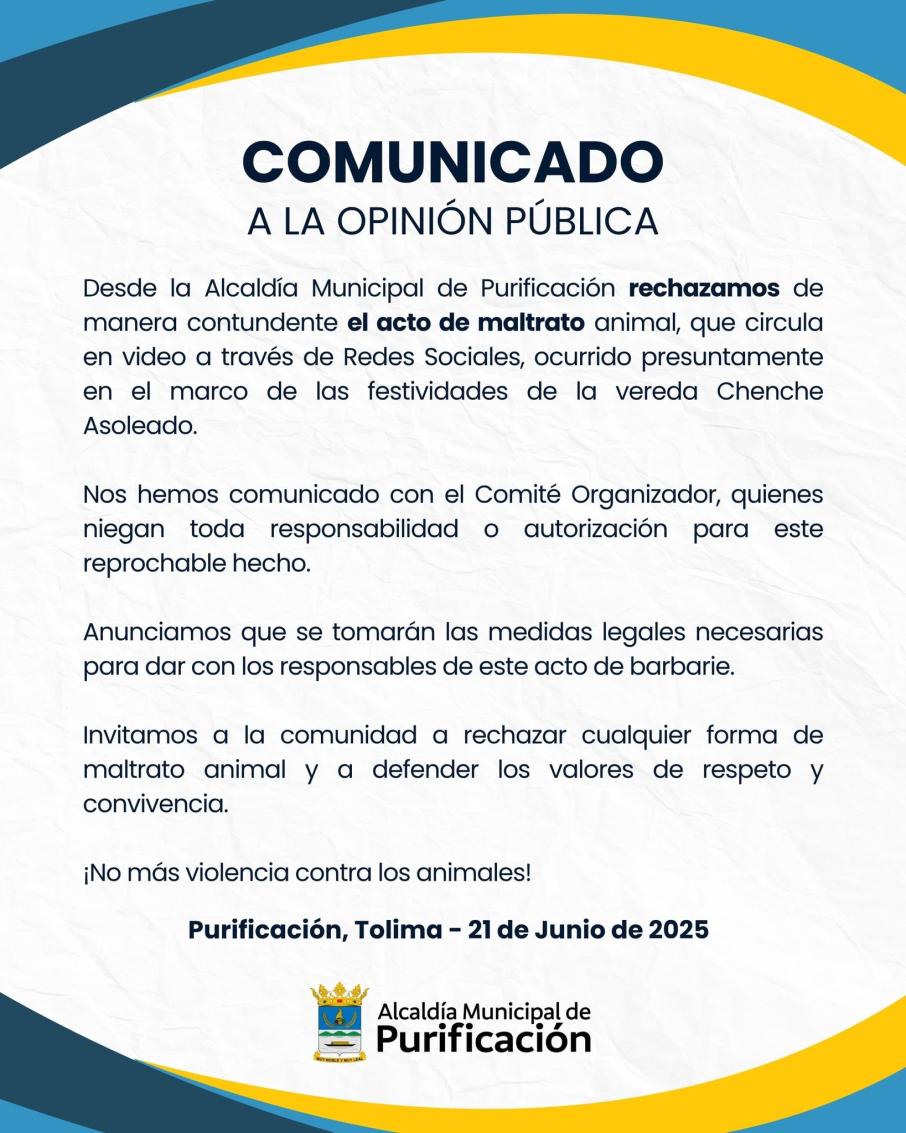 Comunicado de prensa de la Alcaldía de Purificación