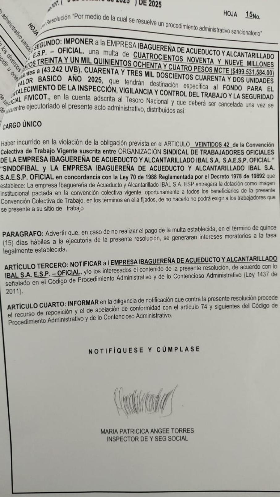 Documento que señala la sanción por parte del Ministerio del Trabajo.