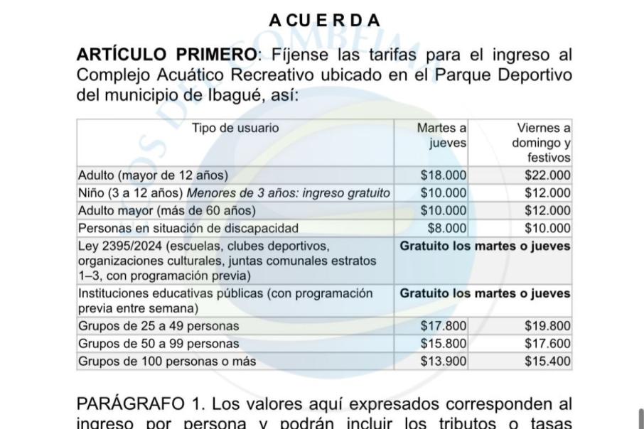 Documento oficial tarifas para las Piscina de Olas de Ibagué.
