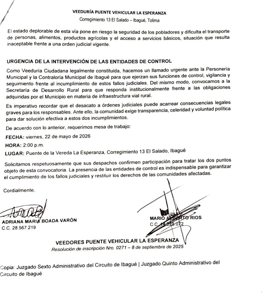 Documento de solicitud de intervención en puente La Esperanza