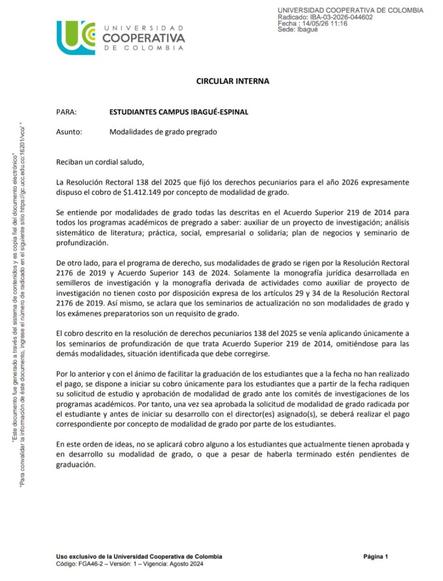 Circular interna publicada por la Universidad Cooperativa de Colombia
