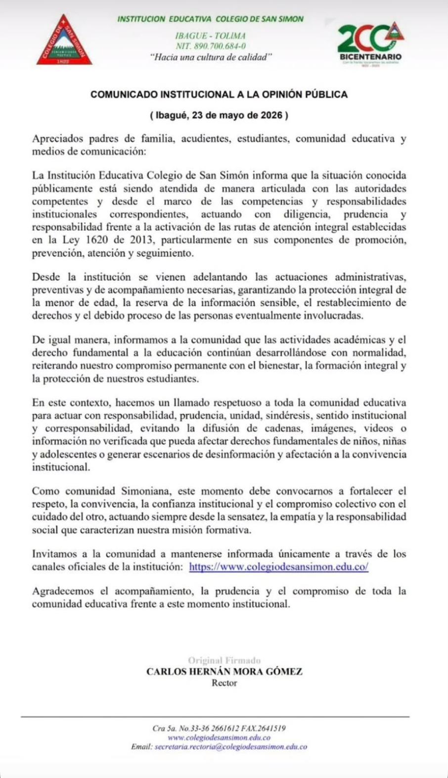 Comunicado Colegio San Simón