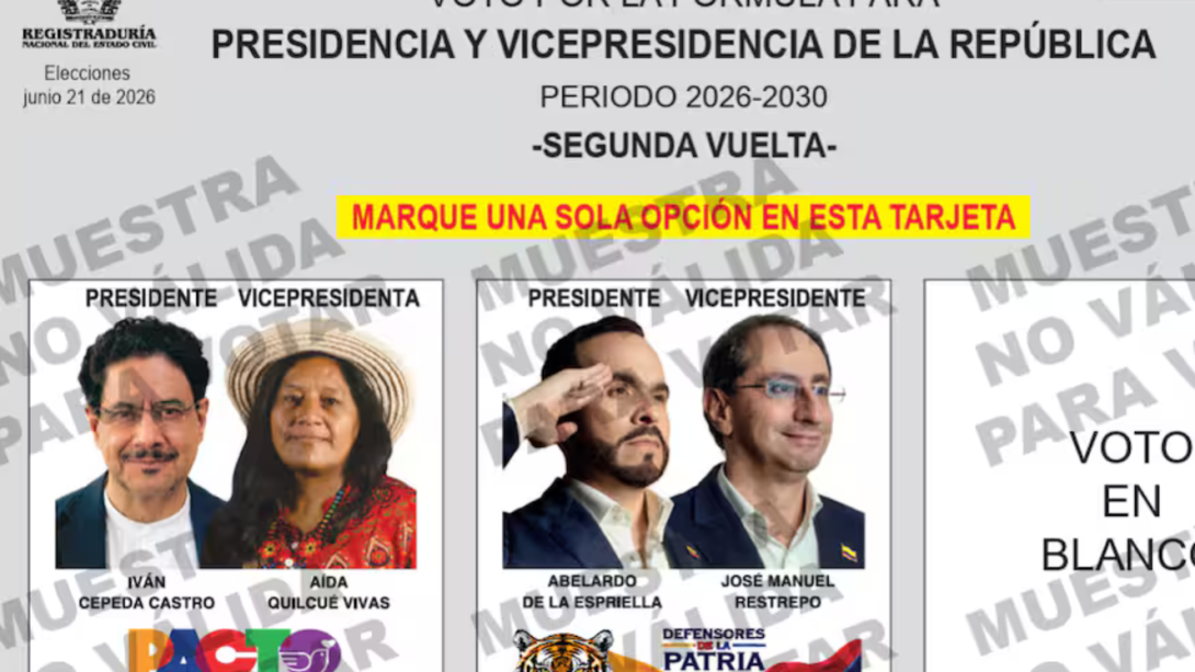 Este es el tarjetón con el que los colombianos elegirán Presidente de la República el 21 de junio.